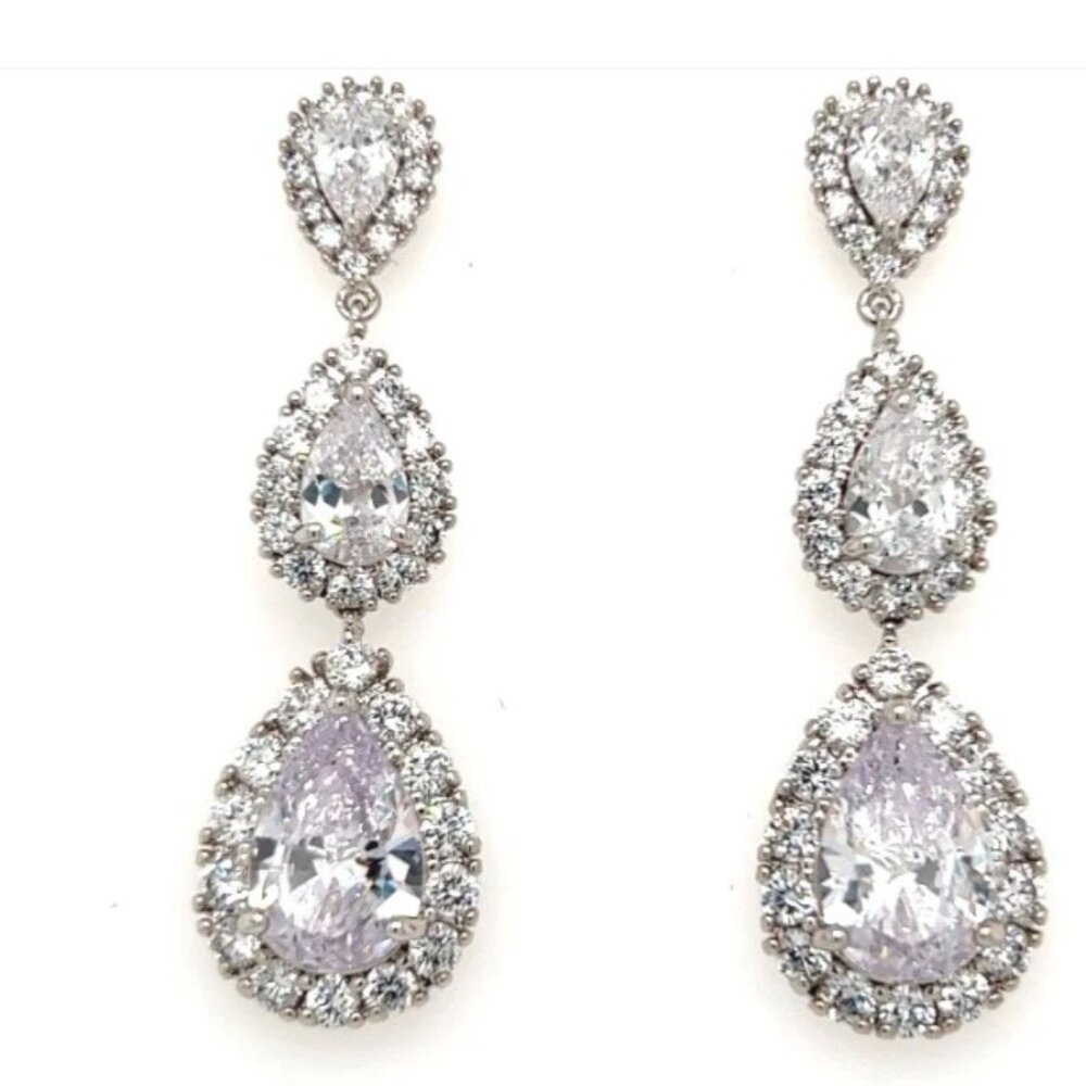 Worn Once Bridal Styles Glam Triple Drop CZ Rhinestone Bridal Earrings